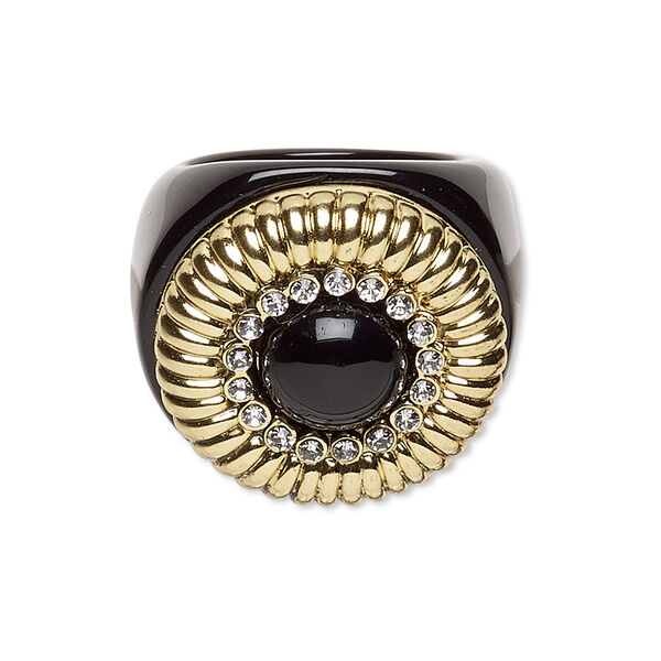 Ring, acrylic and glass rhinestone, black / gold / clear, 23mm round, size 7. Sold individually. image number 0