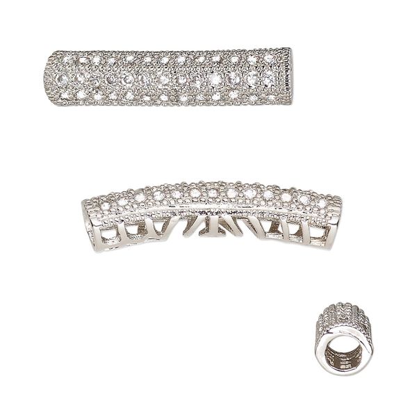 Bead, cubic zirconia and silver-finished brass, clear, 27x7.5mm textured curved tube with cutout design. Sold individually. image number 0