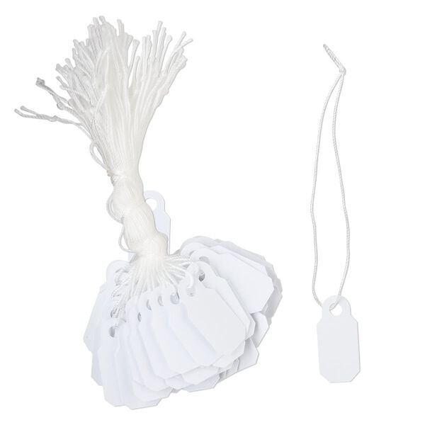 Tag, plastic and string, white, 4/5 x 2/5 inch. Sold per pkg of 100. image number 0