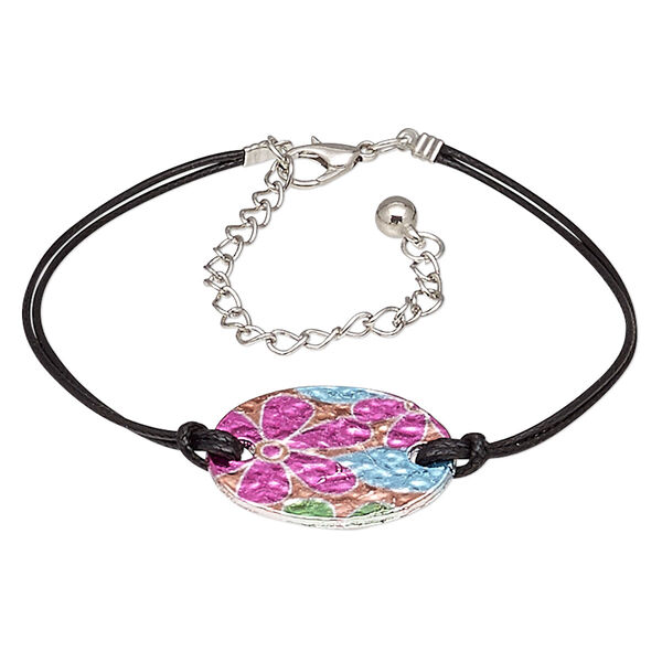 Bracelet, mylar / waxed cotton cord / imitation rhodium-plated steel / "pewter" (zinc-based alloy), black and multicolored, 27x20mm oval with flower design, 8 inches with 3-inch extender chain and lobster claw clasp. Sold individually. image number 0
