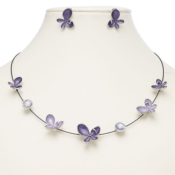Necklace and earring set, enamel / resin / stainless steel / imitation rhodium-plated steel / "pewter" (zinc-based alloy), matte and opalescent black / lavender / white, butterfly, 18-inch necklace with 2-inch extender chain and lobster claw clasp, 19x18mm butterfly with post. Sold per set. image number 0
