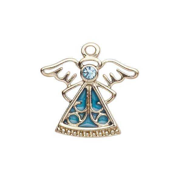 Charm, enamel / crystals / gold-finished "pewter" (zinc-based alloy), aquamarine and light blue, 24x19mm single-sided angel. Sold individually. image number 0