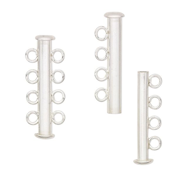 Clasp, 4-strand slide lock, sterling silver, 26x6mm tube. Sold individually. image number 0