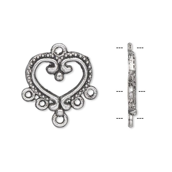 Drop, antique silver-plated "pewter" (zinc-based alloy), 17x15mm single-sided heart with 5 loops. Sold per pkg of 10. image number 0