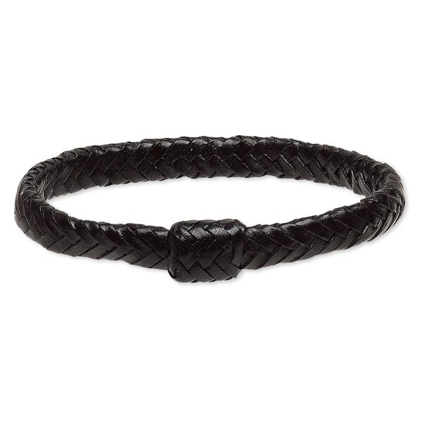 Bracelet, bangle, leather (dyed), black, 15mm wide with braided design, 7-1/2 inches. Sold individually. image number 0