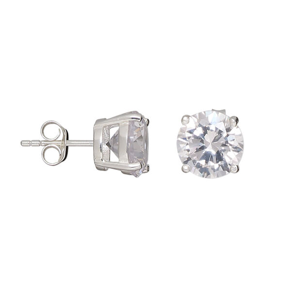 Earstud, sterling silver and cubic zirconia, clear, 10mm faceted round with post. Sold per pair. image number 0