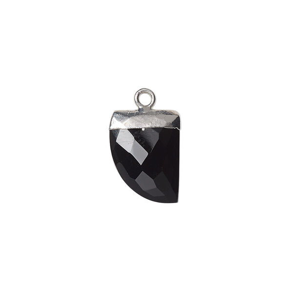 Drop, black onyx (dyed) and silver-plated copper, 14x10mm-15x12mm hand-cut faceted flat tooth. Sold individually. image number 0