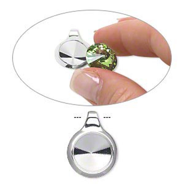 Pendant, Almost Instant Jewelry®, silver-finished "pewter" (zinc-based alloy), 21x16mm single-sided round with 12mm rivoli setting and tube bail. Sold individually. image number 0