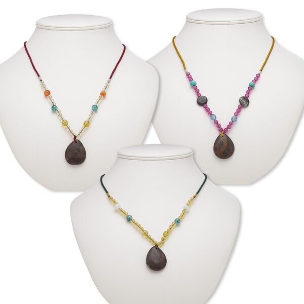 Multi-gemstone / acrylic / glass 1pkg3, teardrop pendant necklace mix continuous loop 20-24 inch 32x24mm-33x26mm image number 0