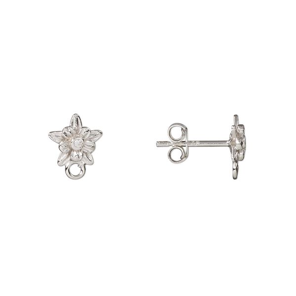 Earstud 1pkg2 rhodium-plated sterling silver / cubic zirconia, 10x8mm flower / closed loop / earnuts, clear 1 pair image number 0
