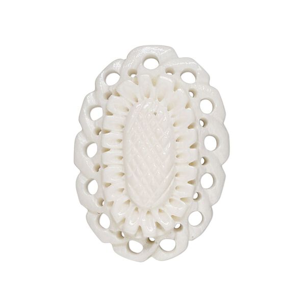 Focal, camel bone (bleached), white, 31x22mm cutout oval with flower, Mohs hardness 2-1/2. Sold individually. image number 0