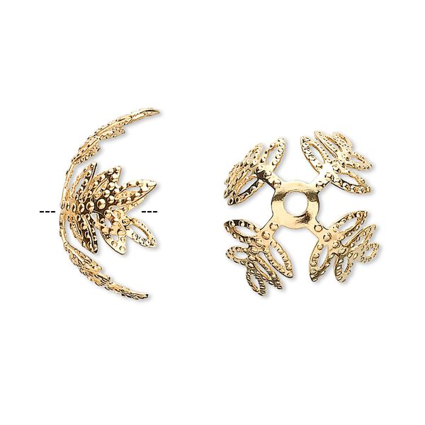 Bead cap, gold-plated brass, 15x10mm leaf, fits 15-18mm bead. Sold per pkg. of 100. image number 0