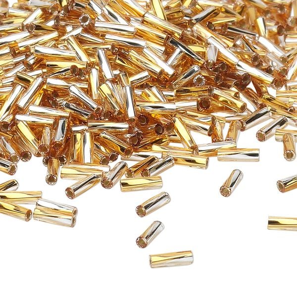 Bead, Miyuki, bugle bead, glass, pkg/50 g, 6x2mm center-drilled twisted, silver-lined translucent gold/clear (TW-3932). image number 0
