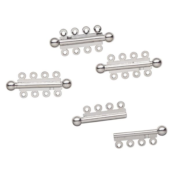 Clasp, 4-strand slide lock, silver-finished brass, 31x6mm tube. Sold per pkg of 4. image number 0