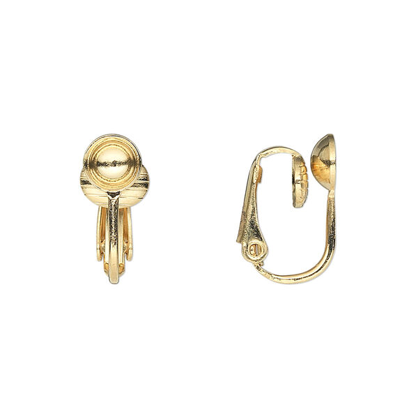 Earring, clip-on, gold-plated steel, 16mm hinged with 6mm grooved cup, fits 6mm bead. Sold per pkg of 50 pairs. image number 0