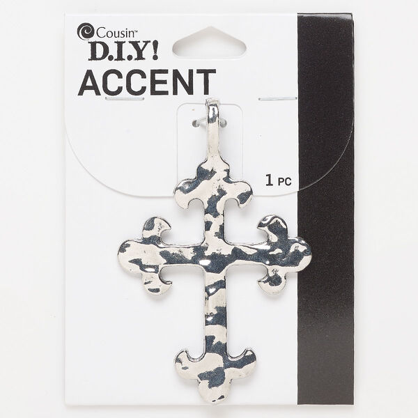 Pendant, antique silver-finished "pewter" (zinc-based alloy), 3 x 1-3/4 inch double-sided hammered cross. Sold individually. image number 0