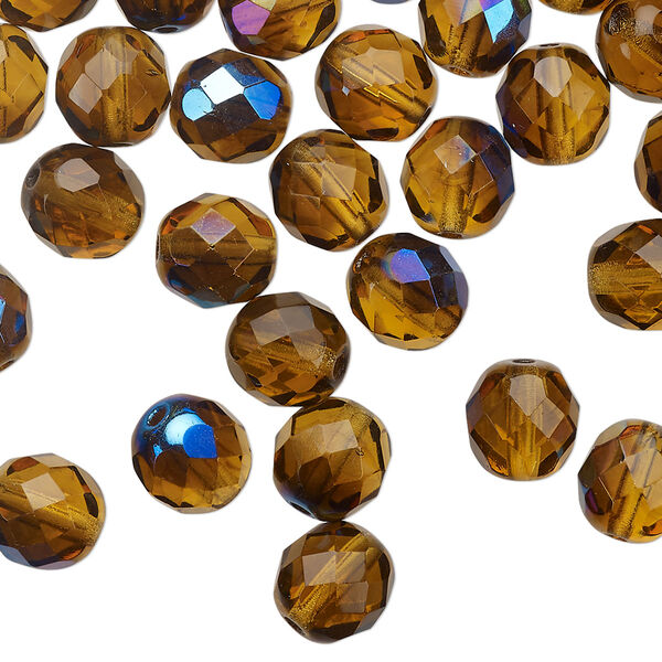 Bead 1pkg50 Czech fire-polished glass, 8mm faceted round, mixed half-coated blue iris honey image number 0