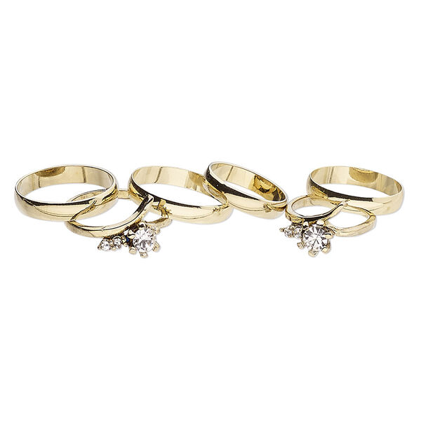 Ring mix, glass rhinestone and gold-finished brass, clear, 4mm and 12mm wide, size 5 to 12-1/2. Sold per pkg of 6. image number 0