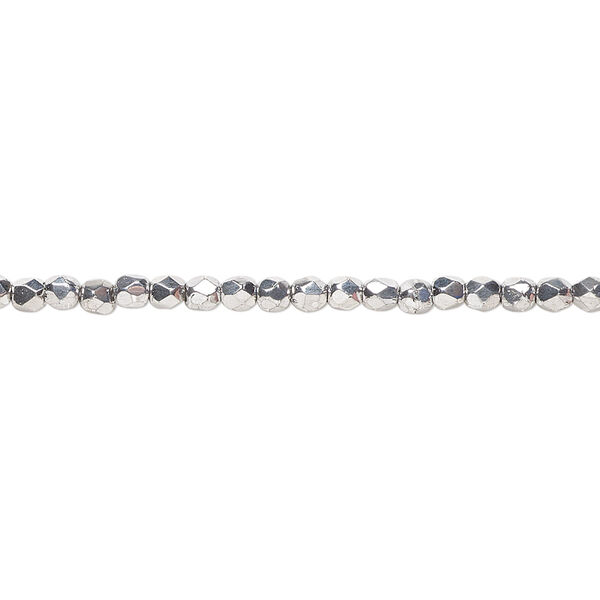 Bead, Czech fire-polished glass, opaque silver, 2.4-2.6mm faceted round. Sold per 8-inch strand, approximately 80 beads. image number 0