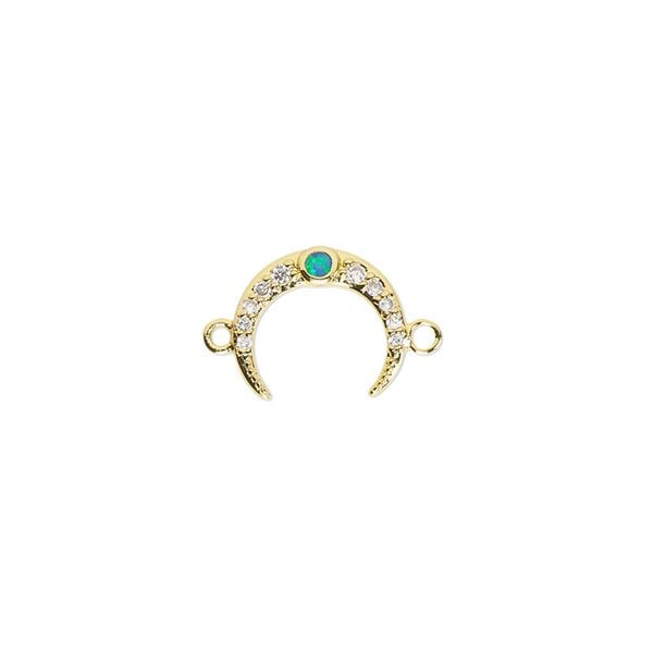 Link, cubic zirconia / glass rhinestone / gold-finished brass, clear and green, 12x10mm single-sided naja. Sold individually. image number 0