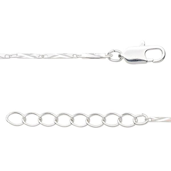 Chain, silver finish brass, 7x1.5mm diamond-cut rectangular tube link, 18 inches with 1-1/4 inch extender chain and lobster claw clasp. Sold individually. image number 0
