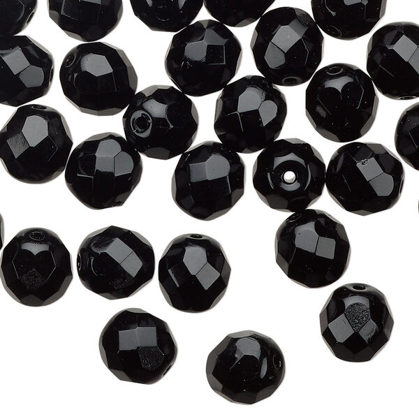 Bead 1pkg1 Czech fire-polished glass, 8mm faceted round, half-mass opaque jet black image number 0