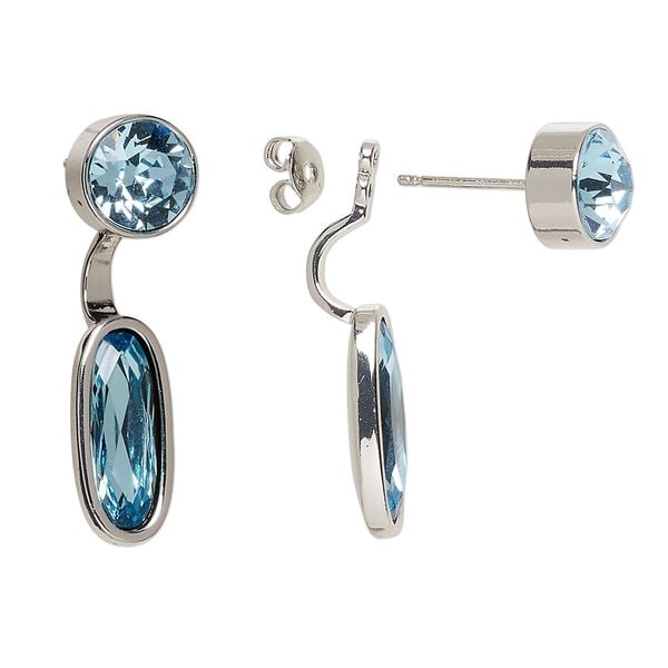 Earring, Everyday Jewelry™, Crystal Passions® and silver-plated "pewter", aquamarine, 32mm ear jacket with faceted round and oval. Sold per pair. image number 0