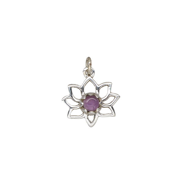 Drop, antiqued sterling silver and amethyst (natural), 14.5x12mm single-sided open lotus. Sold individually. image number 0