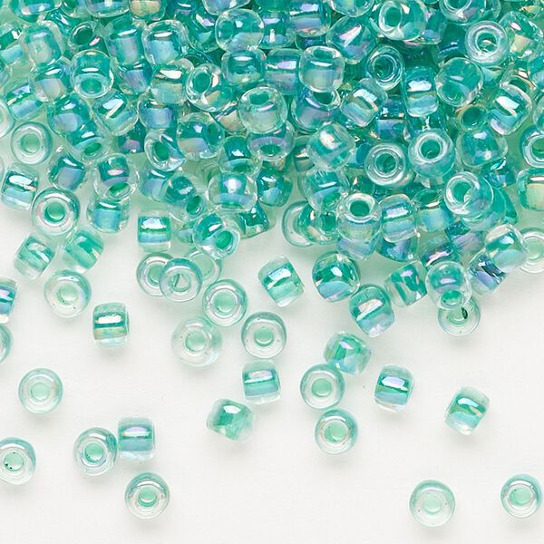 Seed bead, Dyna-Mites™, glass, transparent rainbow inside color sea foam, #6 round. Sold per 1/2 kilogram pkg. image number 0