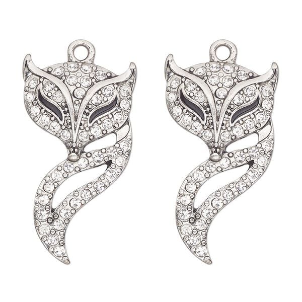 Focal, antique silver-finished "pewter" (zinc-based alloy), enamel and glass, clear and black, 30x17mm single-sided fox. Sold per pkg of 2. image number 0
