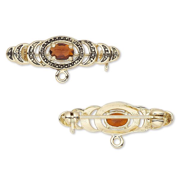 Brooch, cubic zirconia and antique gold-finished bronze, garnet red, 28x9mm with 6x4mm faceted oval and closed loop. Sold individually. image number 0