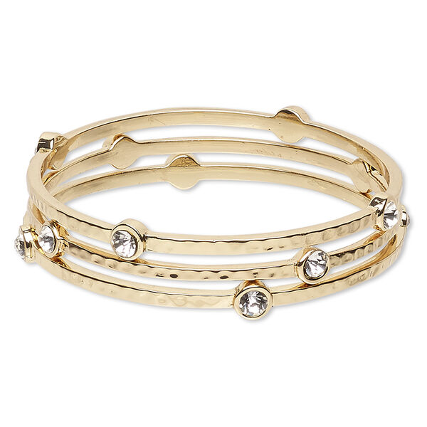 Bracelet, bangle, glass rhinestone and gold-finished "pewter" (zinc-based alloy), clear, 3mm wide with hammered design, 8 inches. Sold per pkg of 3. image number 0