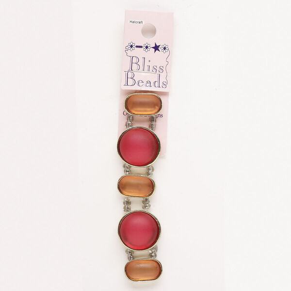 Spacer assortment, gold-finished "pewter" (zinc-based alloy) and frosted glass, red and peach, 20x12mm capsule and 23mm round, fits up to 11mm beads. Sold per pkg of 5. image number 0