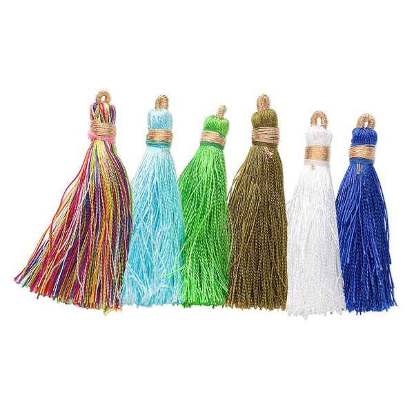Tassel, silk (imitation) and gold-finished copper, mixed colors and multicolored, 1-3/4 to 2 inches. Sold per pkg of 12. image number 0
