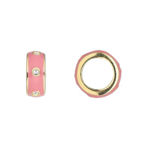 Bead, Dione®, enamel / crystals / gold-finished "pewter" (zinc-based alloy), pink and crystal clear, 14x5.5mm rondelle. Sold individually. image number 0