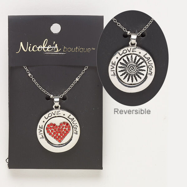 Necklace, glass / antique silver-finished "pewter" (zinc-based alloy) / silver-finished steel, red, 24mm round with "LIVE LOVE LAUGH" and two-sided swivel with heart and sun design. 24 inches with 2-inch extender chain and lobster claw clasp. Sold individually. image number 0