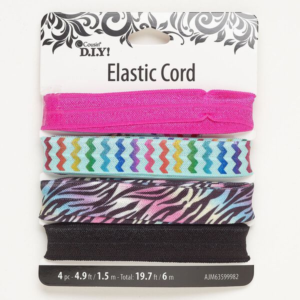 Ribbon, elastic, pkg/(4)1.5m, mixed colors, 15mm flat. image number 0