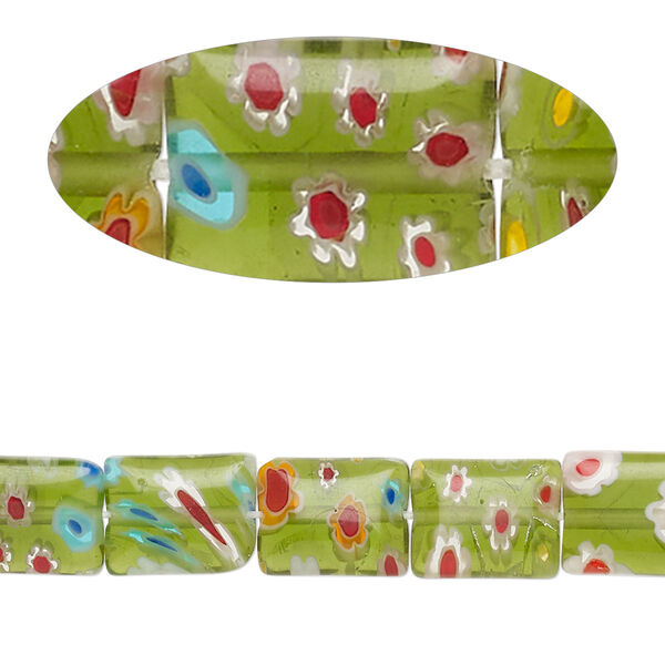 Bead, millefiori glass, translucent green and multicolored, 9x7mm-10x8mm puffed rectangle with flower design. Sold per 14-inch strand. image number 0