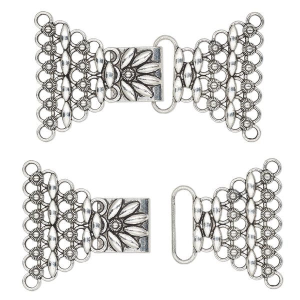 Clasp, 7-strand hook, antique silver-finished "pewter" (zinc-based alloy), 78x44.5mm with flower. Sold individually. image number 0