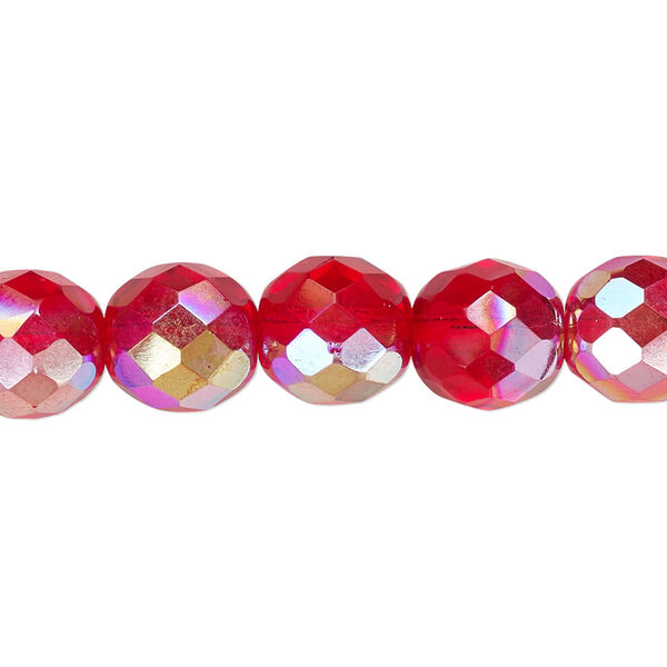 Bead, Czech fire-polished glass, light red AB, 10mm faceted round. Sold per 15-1/2" to 16" strand. image number 0