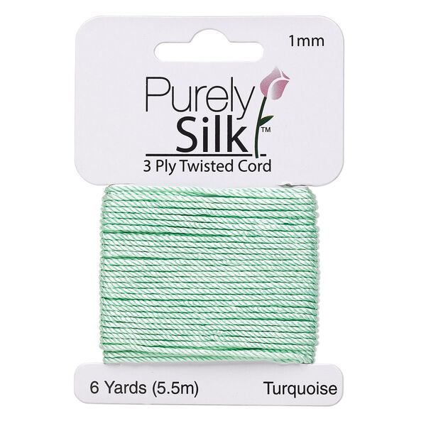Cord, Purely Silk™, 3-ply, turquoise green, 1mm twisted. Sold per 6-yard card. image number 0