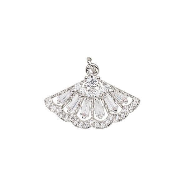 Drop, cubic zirconia and imitation rhodium-plated brass, clear, 22.5x13mm single-sided fan. Sold individually. image number 0