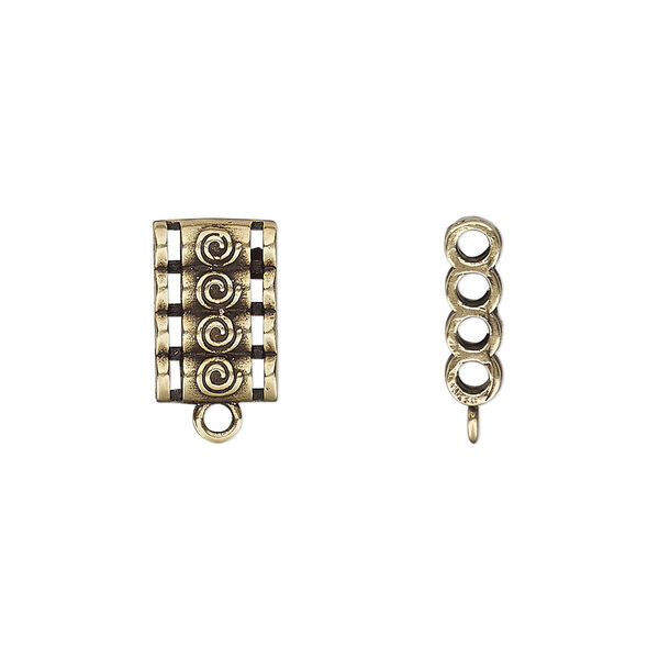 Spacer, antiqued brass, 12x8mm double-sided 4-strand quadruple round tube with raised swirl design and loop, fits up to 2mm bead. Sold individually. image number 0