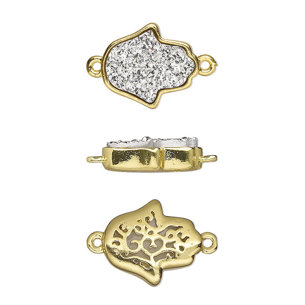 Link, Druzylite™, "druzy" (resin) and gold-finished brass, silver, 14x12.5mm two-sided Hamsa hand with open filigree back. Sold per pkg of 4. image number 0