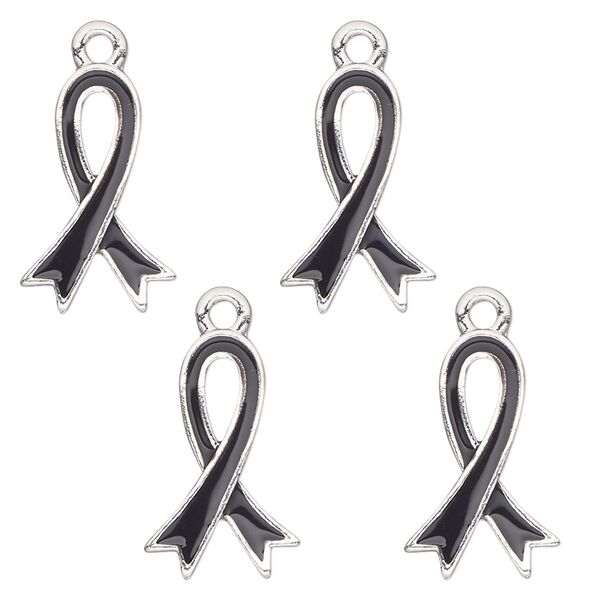 Charm, antique silver-finished enamel "pewter" (zinc-based alloy), black, 18x12mm single-sided awareness ribbon. Sold per pkg of 4. image number 0