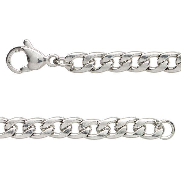 Chain, stainless steel, 5.2mm flat curb, 18 inches with lobster claw clasp. Sold individually. image number 0