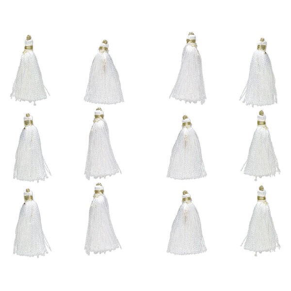 Tassel, silk (imitation) and gold-finished copper, white, 1-3/4 to 2 inches. Sold per pkg of 12. image number 0