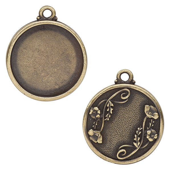 Drop, TierraCast®, antique brass-plated pewter (tin-based alloy), 29mm round with poppy design, 25.5mm cabochon setting. Sold individually image number 0