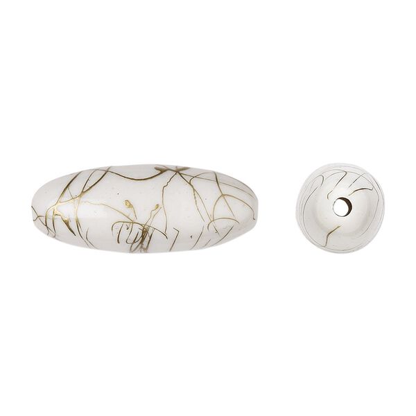 Bead, acrylic, white and gold, 32x12mm oval with swirls. Sold per pkg of 30. image number 0