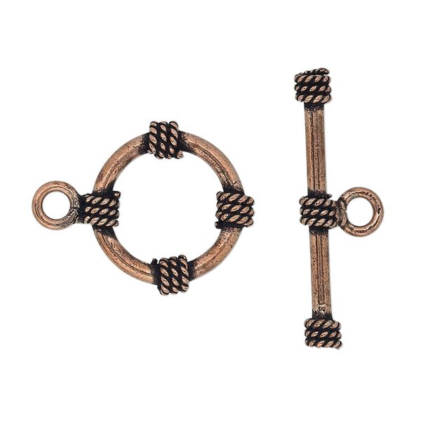 Clasp, toggle, antiqued copper, 18mm round with rope design. Sold per pkg of 4. image number 0